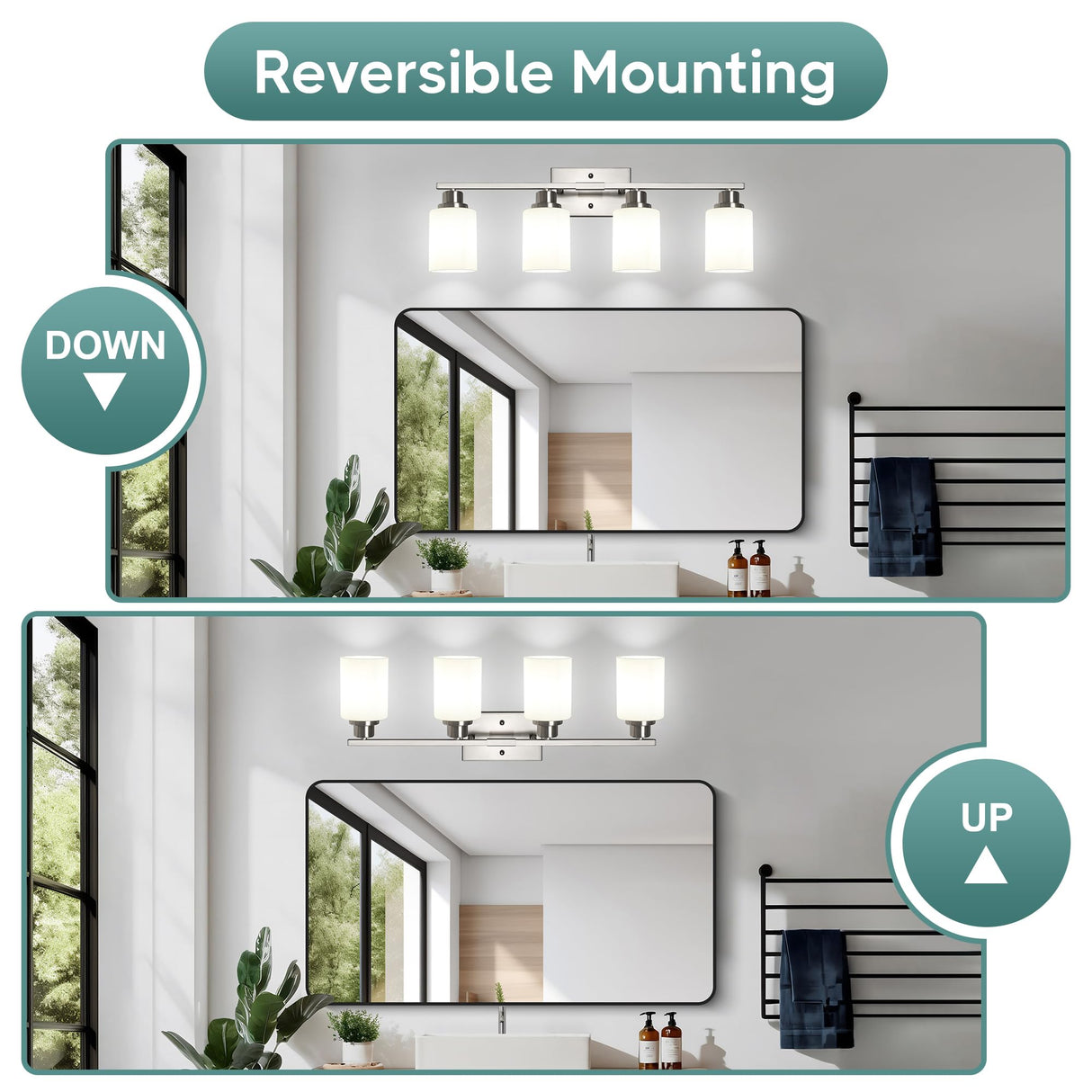 Ascher Bathroom Light Fixtures, 4-Light Vanity Light Over Mirror, Brushed Nickel Wall Sconces with Milky White Frosted Glass Shades, Wall Lamp for Living Room Bedroom, E26 Base(Bulbs Not Included)