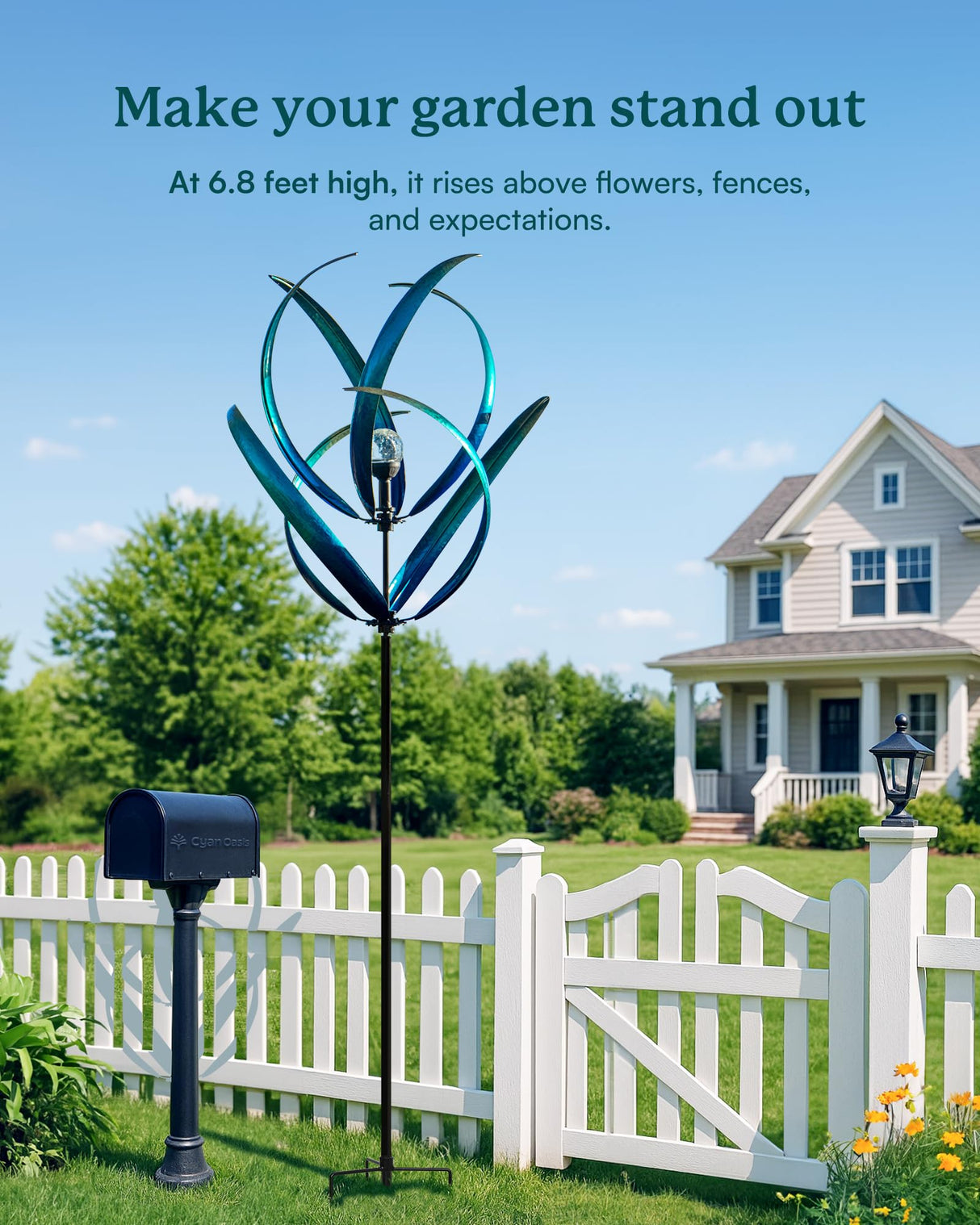 Cyan Oasis 82 inch Wind Spinners Outdoor - Extra Large Outdoor Metal Wind Sculptures Spinners with Solar Light, Windmills for The Yard Garden, Yard Art Garden Lawn Decor - Peacock Blue