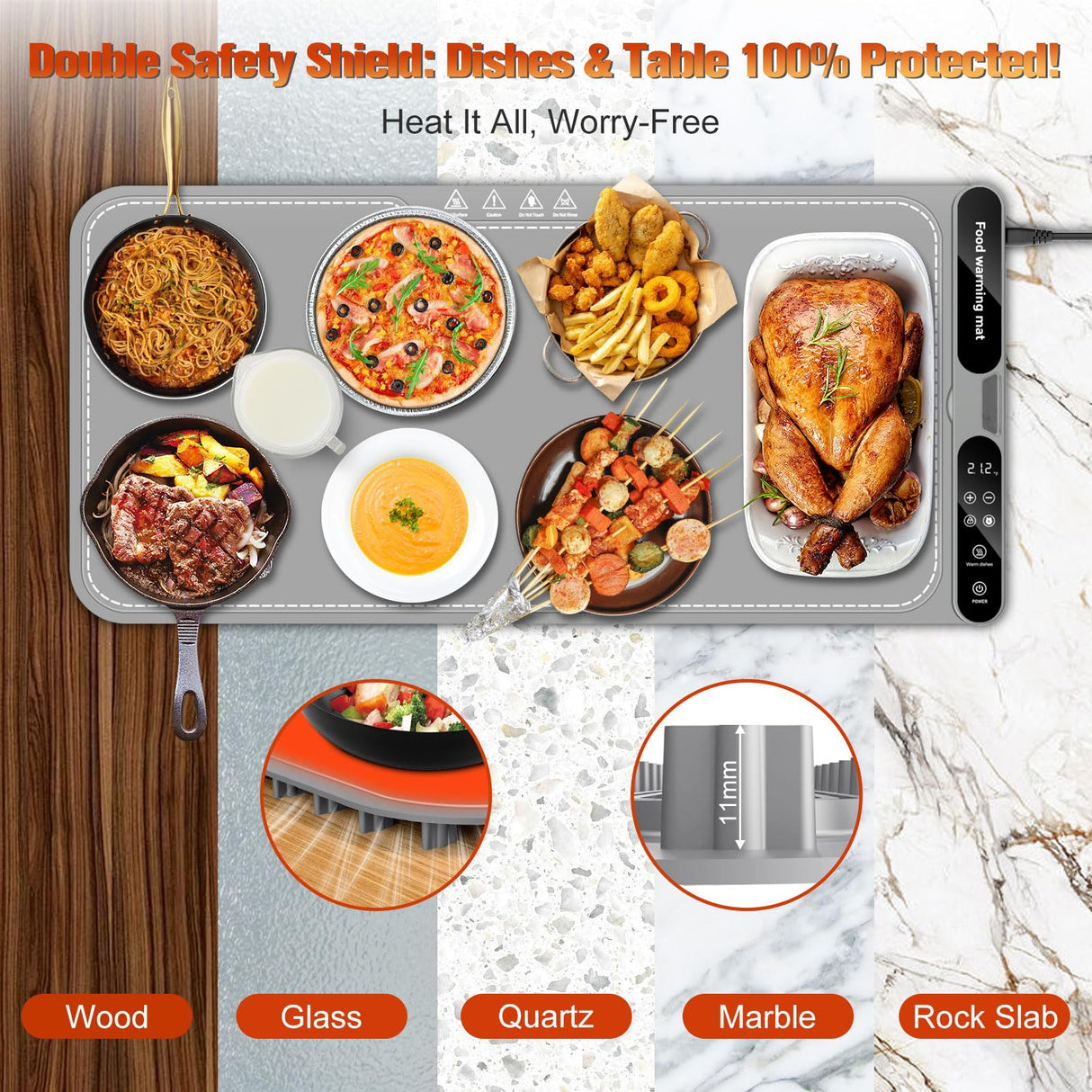 Warming Mat for Food Extra Large, Electric Warming Tray, 15"x31.5" Silicone Heating Mat with 7 Level Adjustable Temp and 8 Hours Timer, Food Warmer for Parties Buffet Home Travel, Dark Gray