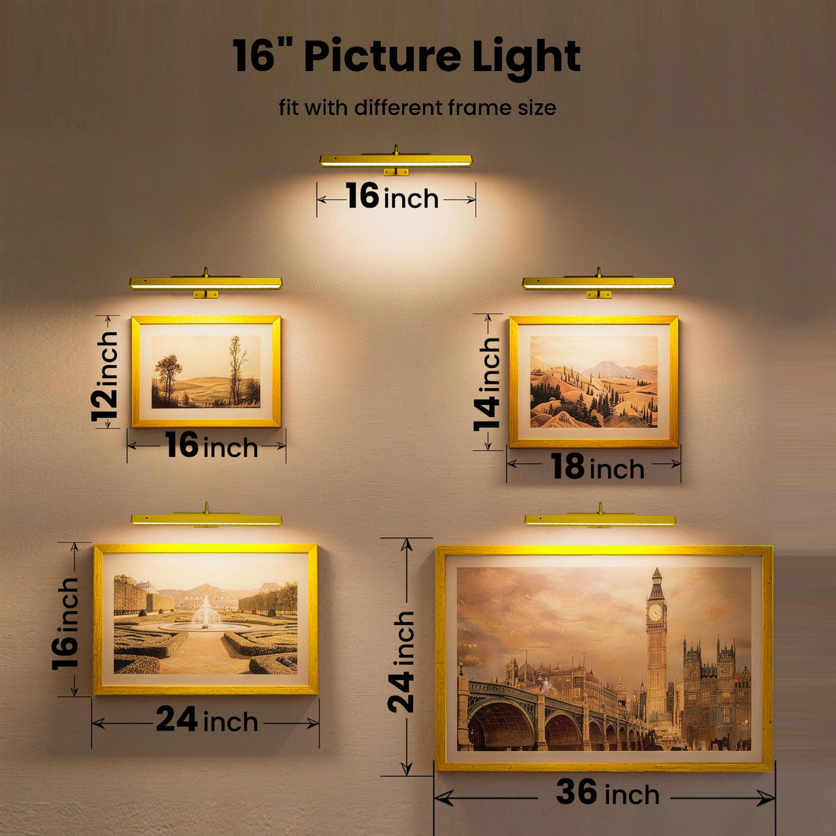 Picture Light 3Pack- 16in Picture Lights for Wall, 5000mAh Wireless Re ...