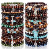 Tondiamo 48 Pcs Punk Wooden Beads Bracelets Gothic Bracelet for Men