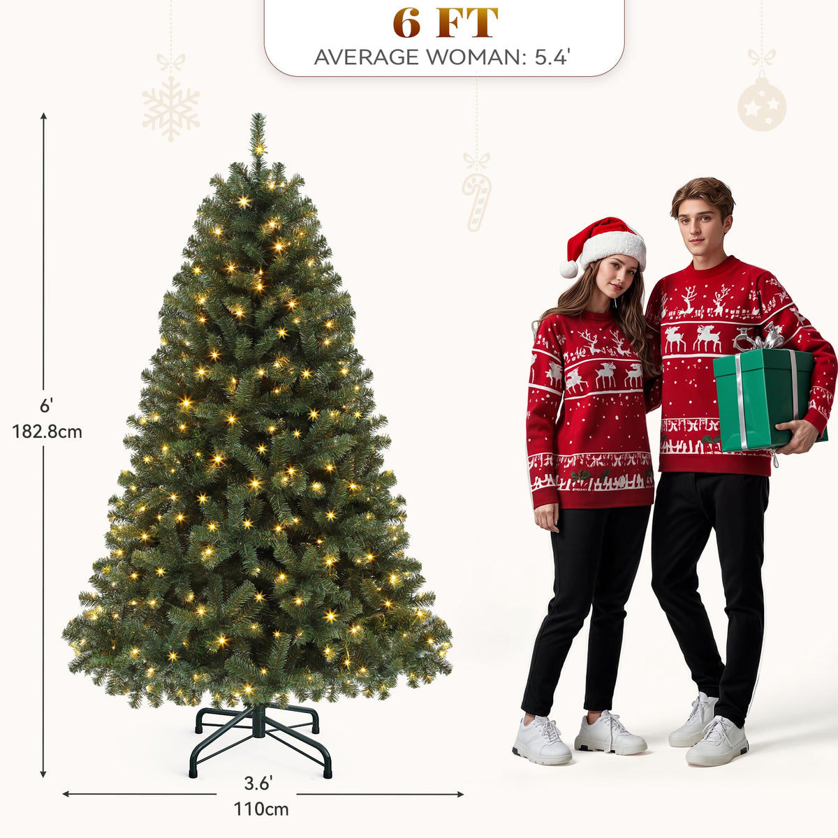 YITAHOME 6ft Pre-Lit Green Artificial Hinged Christmas Tree with Remote