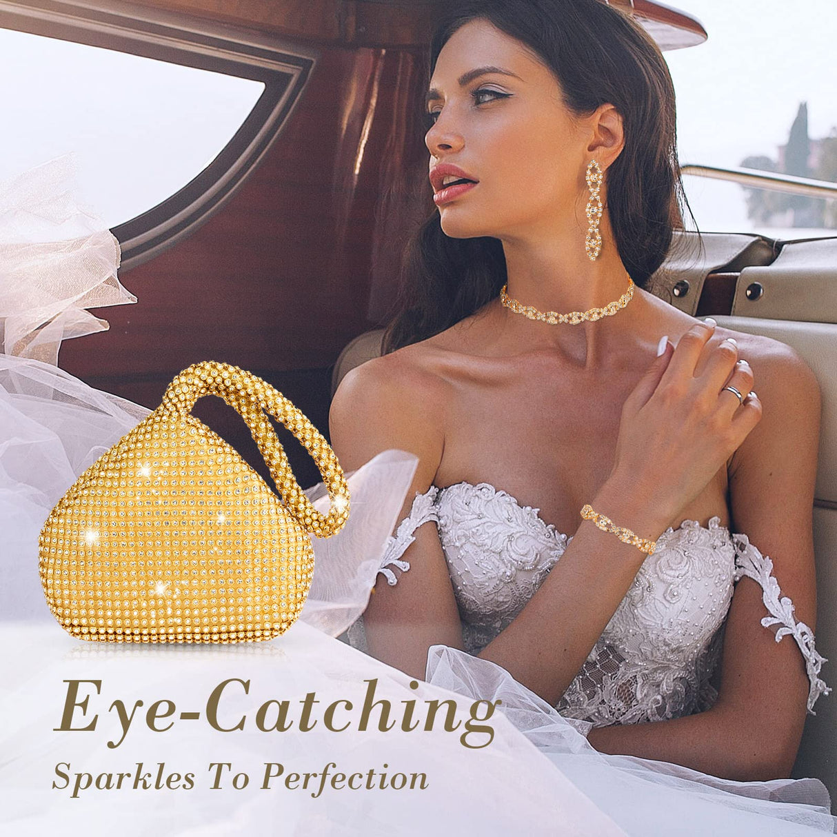 MTLEE 4 Pieces Rhinestone Necklace Choker Bracelet Earring Clutch Purses Jewelry Set Women Crystal Triangle Bling Diamond Purse Rhinestone Bag for Wedding Party (Gold)