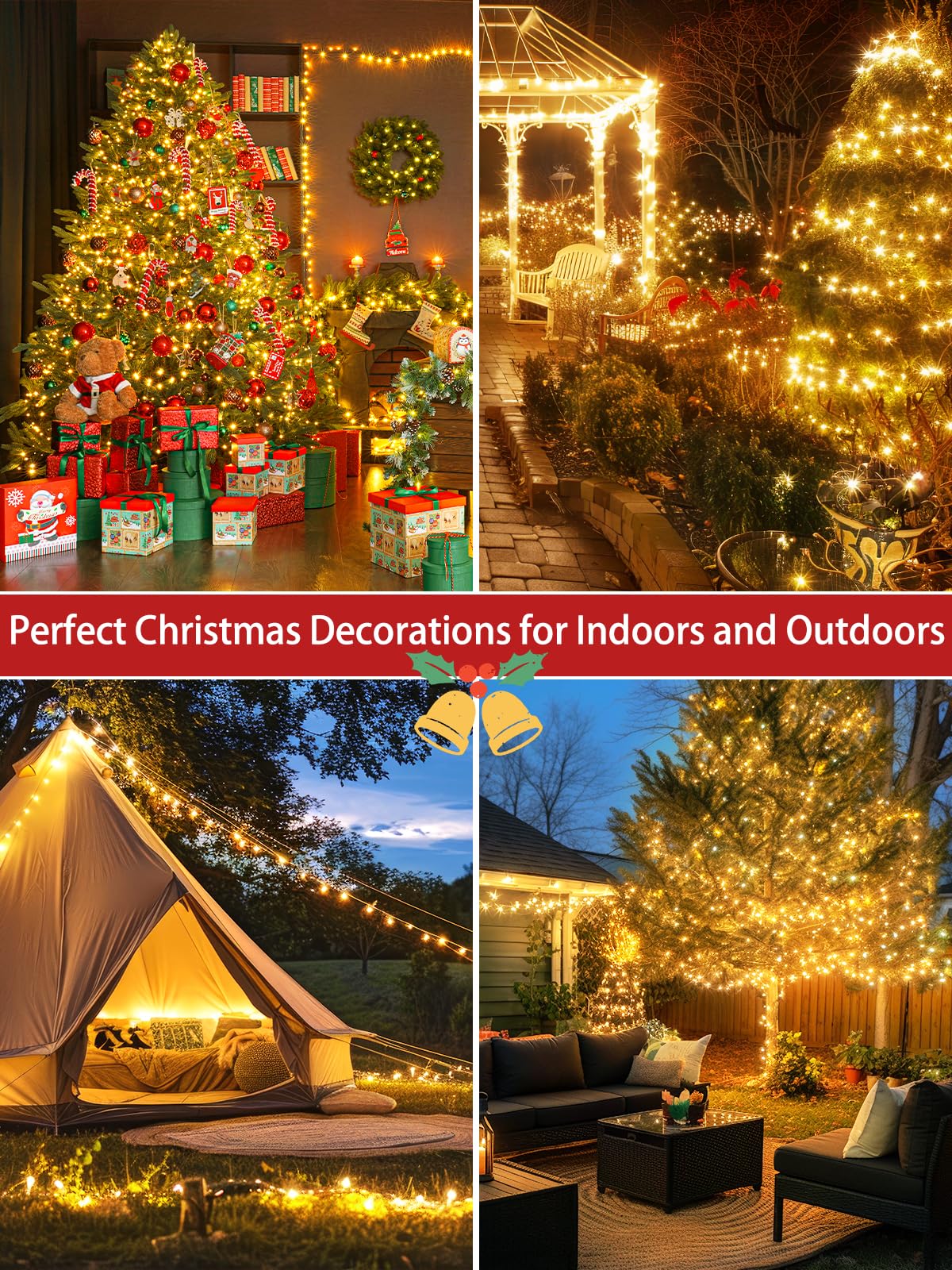 2-Pack 66FT 200 LED Christmas Lights, 13 Modes Extendable Christmas Tree Lights with Timer & Memory, Waterproof Twinkle Fairy Lights Green Wire Outdoor String Lights Indoor for Xmas Tree (Warm White)