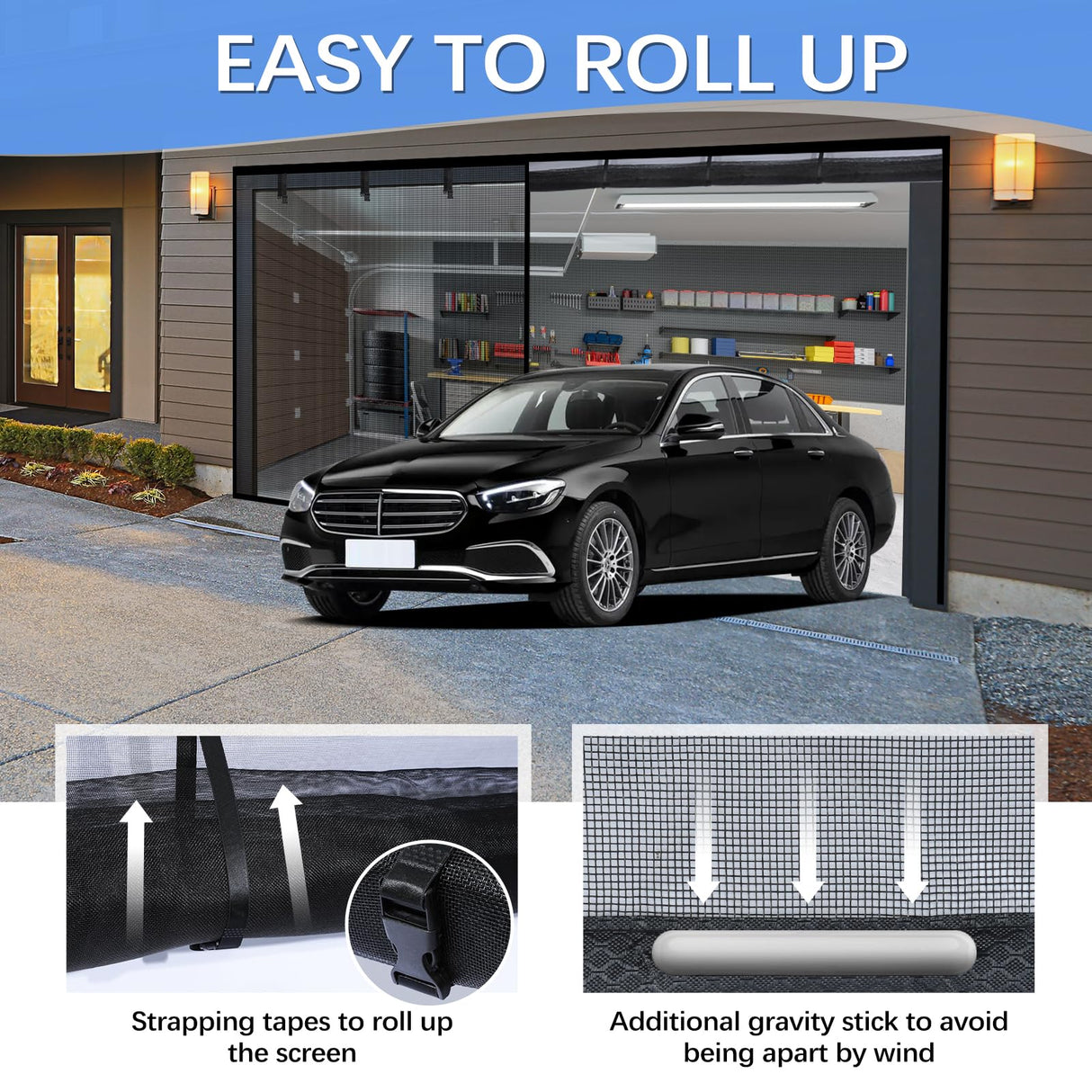 Garage Door Screen for 1 Car Garage 10x7FT, Magnetic Screen Garage with Retractable Fiberglass Mesh and Heavy Duty Weighted Bottom, Easy Assembly & Pass, Hands Free Screen Door Kit