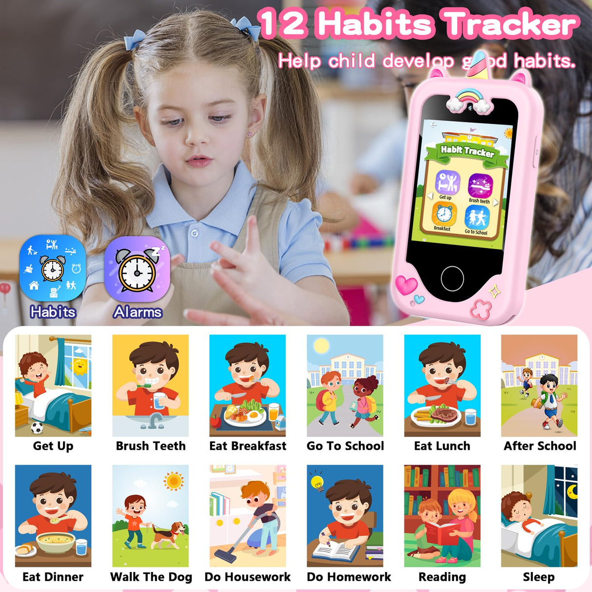 Kids Smart Phone for Girls Toys, Gifts for 3-10 Year Old Girl Boy Christmas Birthday Kids Toys, 2.8" Touchscreen Toddler Learning Cell Toy Phone with Dual Camera, Game, Music Player, 8GB Card Pink