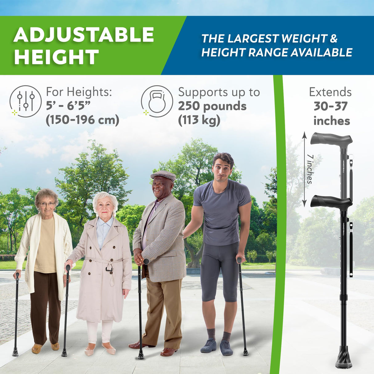 HONEYBULL Walking Cane with Air Cushion for Men & Women - Foldable, Adjustable, Collapsible, Bumper Base Tip, Heavy Duty | Walking Sticks for Seniors & Adults (Black)