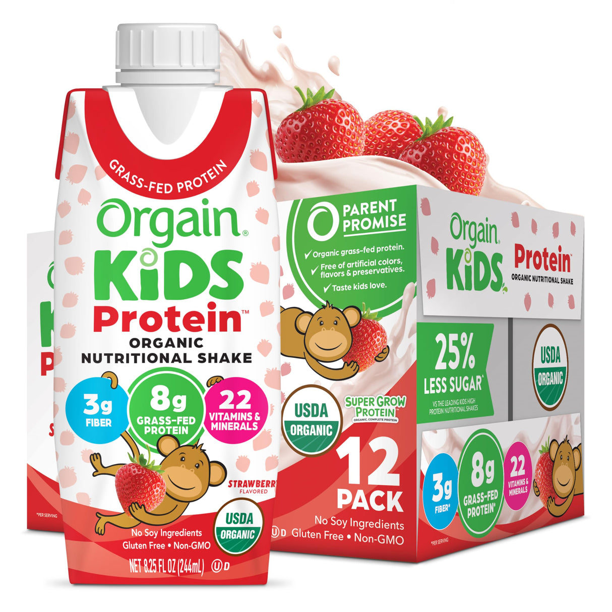 Orgain Organic Kids Protein Nutritional Shake, Strawberry - 8g of Protein, 22 Vitamins & Minerals, Fruits & Vegetables, Gluten Free, Soy Free, Kosher, Non-GMO, 8.25 Ounce (Pack of 12)