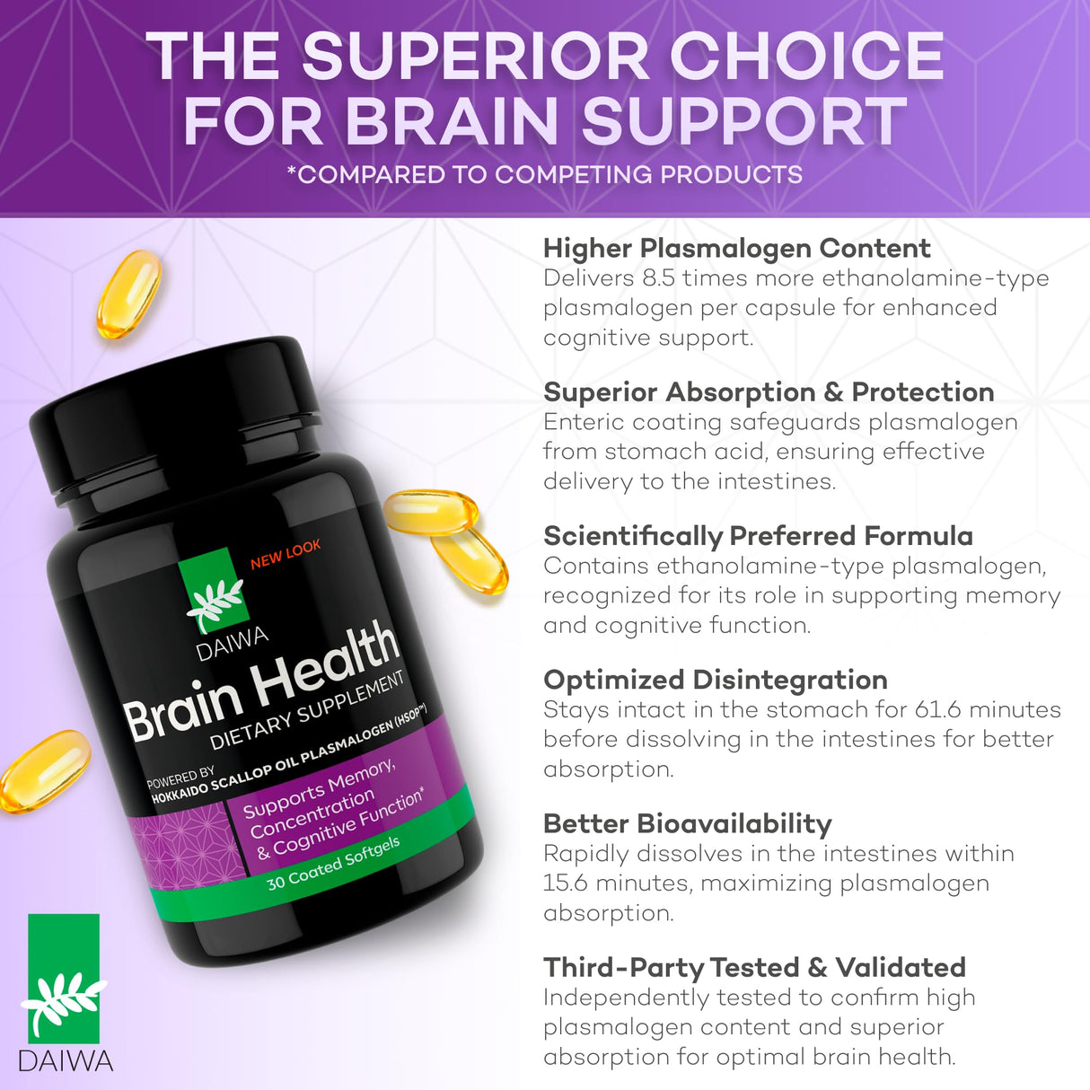 Daiwa Brain Supplement for Adults with Hokkaido Scallop Oil Plasmalogen (HSOP) - 30 Capsules