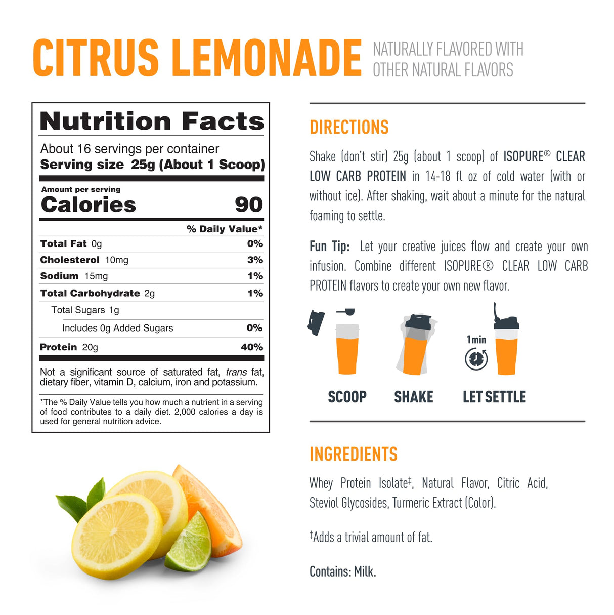 Isopure Clear Whey Isolate Protein Powder, Lactose Free, Gluten Free, Naturally Flavored, Citrus Lemonade, 20g Protein Per Serving, 14.1 Oz, 16 Servings (Packaging May Vary)