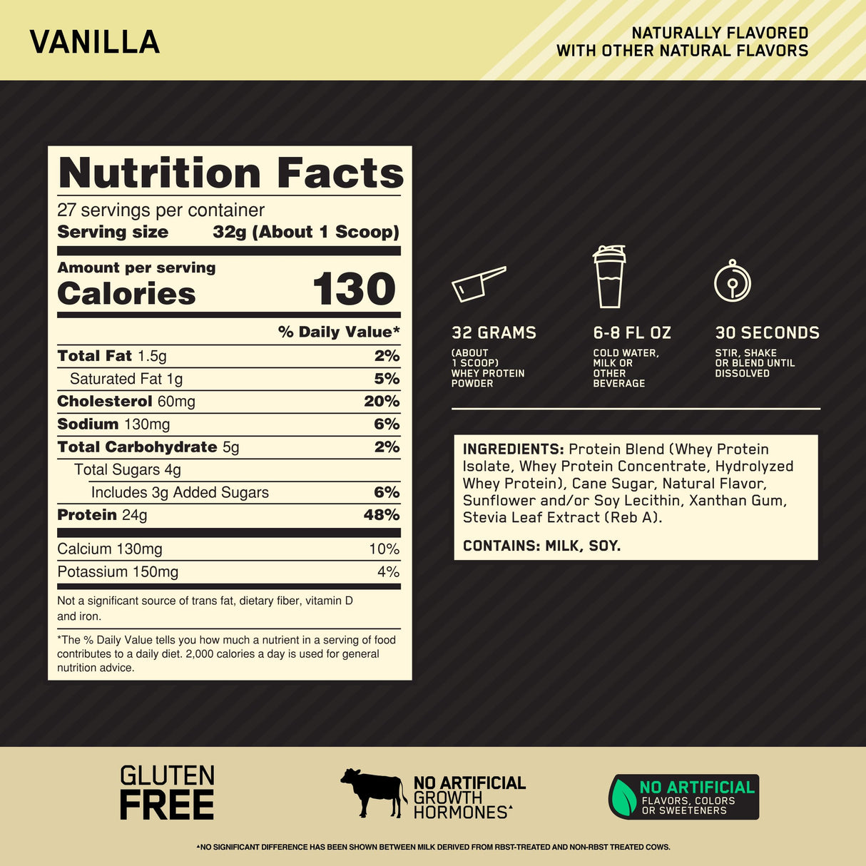 Optimum Nutrition Gold Standard 100% Whey Naturally Flavored Protein Powder, Vanilla, 1.9 Pound (Packaging May Vary)