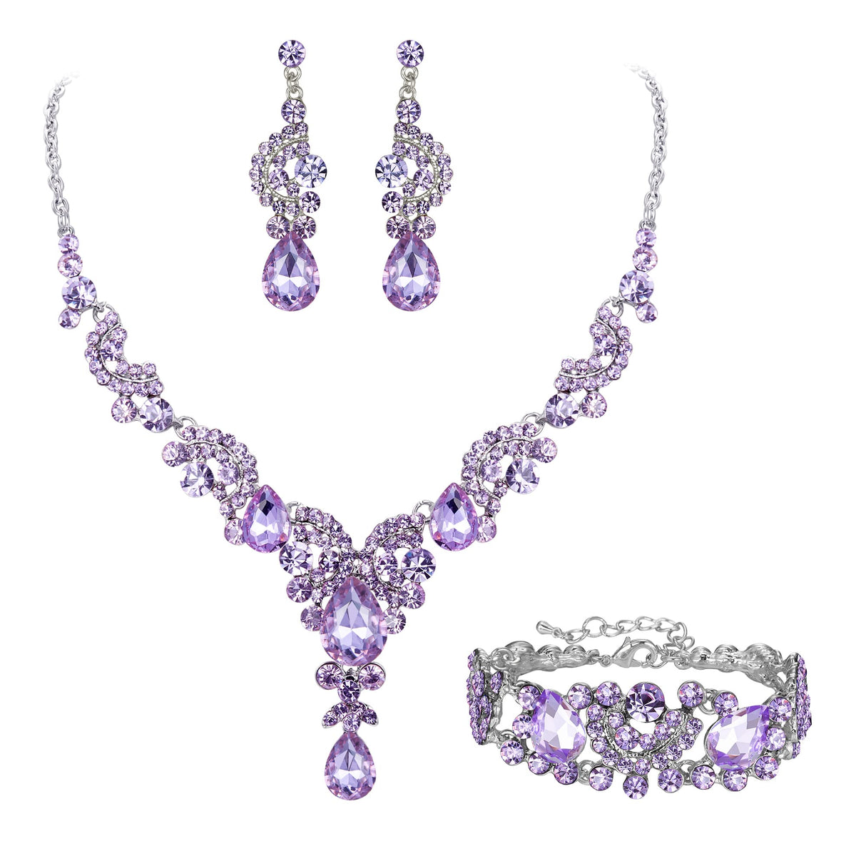 EVER FAITH Crystal Art Deco Floral Costume Prom Jewelry Set Light Purple