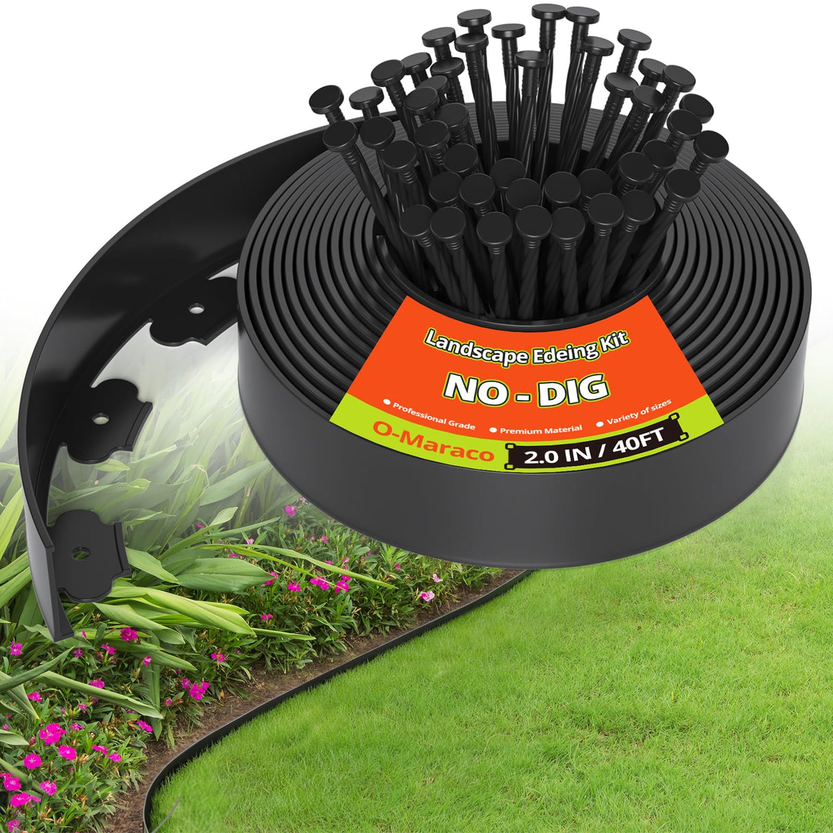 40FT Landscape Edging No-Dig, 2 Inch Tall Heavy Duty Plastic Garden Edging Border with 40 Anchoring Spikes for Lawn, Flower Bed & Decorative Yard