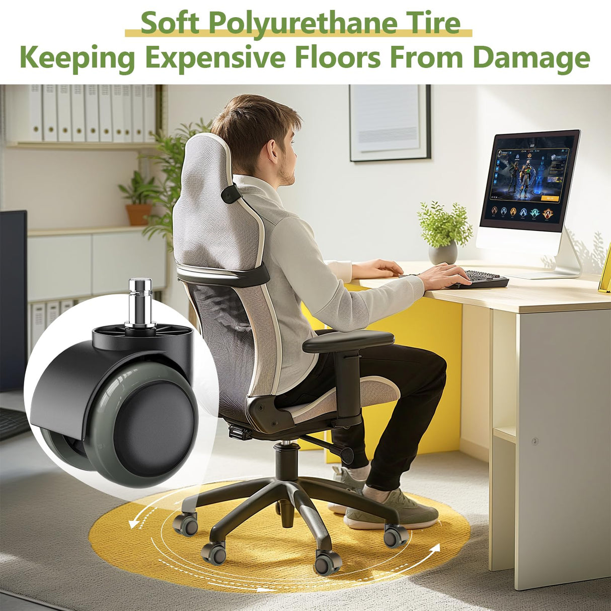 PChero Office Chair Wheels Replacement for IKEA Chairs, 10mm Stem (Set of 5), 2" Heavy Duty Swivel Polyurethane Casters for IKEA Chair Furniture Accessories, Protection for Hardwood Floors Carpet