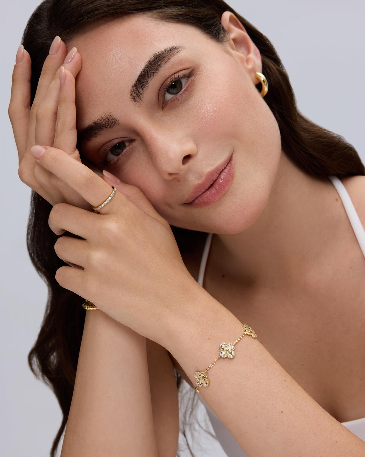 PAVOI CZ Clover Stackable Bracelet for Women, 14K Gold Plated, Yellow Gold
