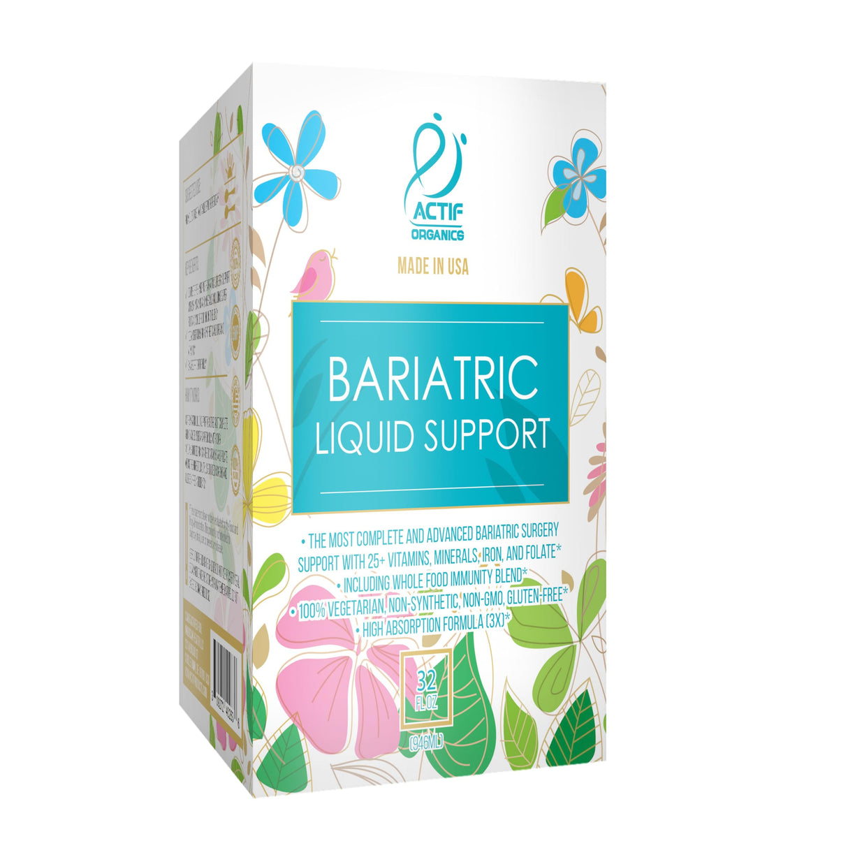 Actif Organic Bariatric Liquid Support With 25+ Organic Vitamins And Minerals For Bariatric Surgery, Advanced Formula, Non GMO, 32 Oz