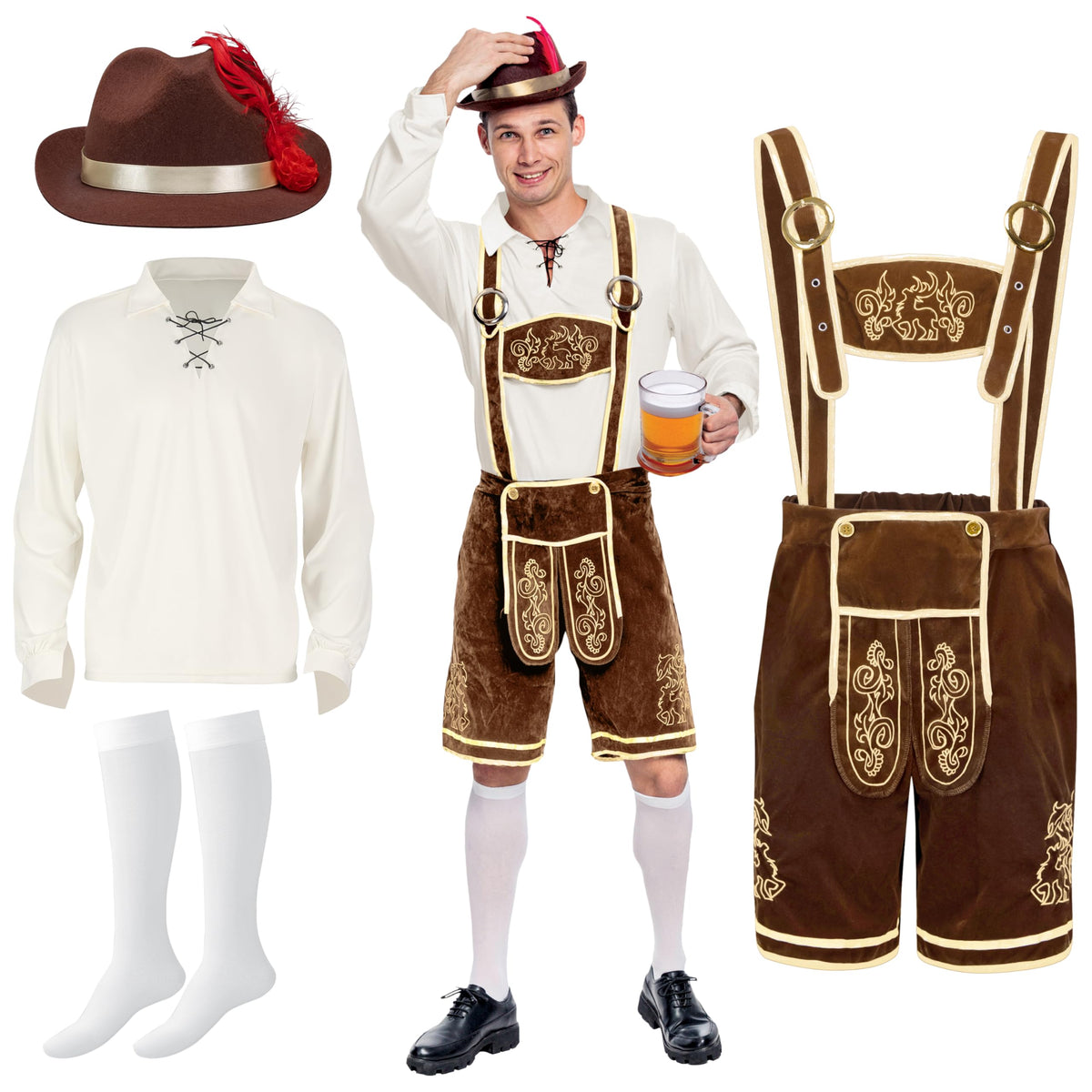 Spooktacular Creations Halloween Men Oktoberfest Costume Set, Lederhosen Men with German Bavarian Hat, Beer Costume, Adults Halloween Brown Outfit for Beer Festival Party (Medium)