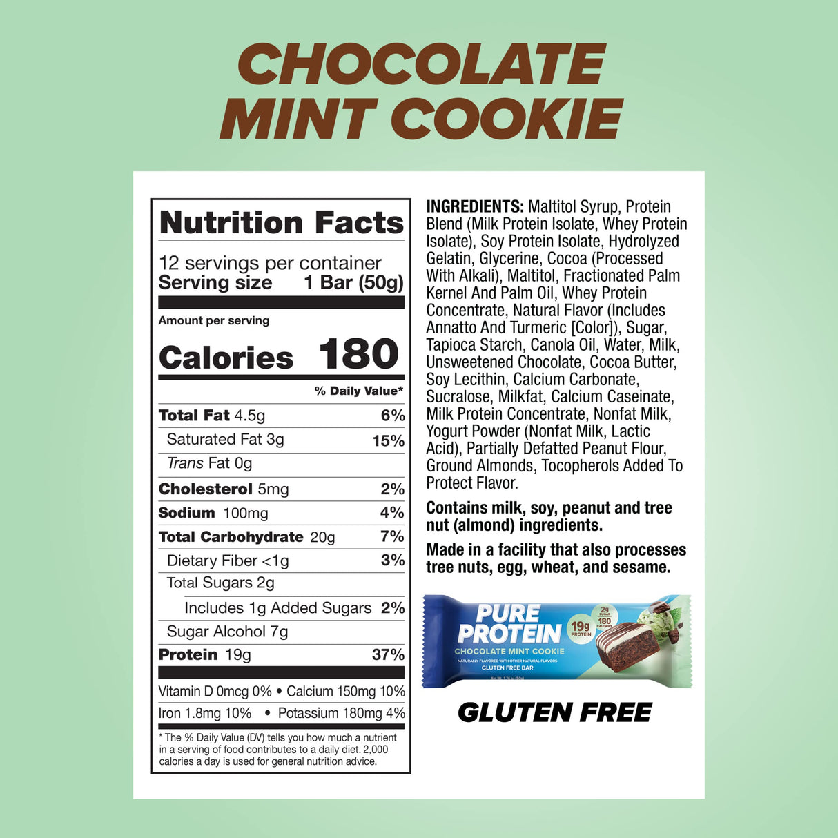 Pure Protein Bars, High Protein, Nutritious Snacks to Support Energy, Low Sugar, Gluten free, Chocolate Mint Cookie,1.76oz, 12 Count (Packaging May Vary)