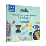 Welly Bandage Large Refill Pack | Adhesive Flexible Fabric, Glow-in-The-Dark & Waterproof Bandages | Assorted Shapes and Patterns for Minor Cuts, Scrapes, and Wounds - 160 Count