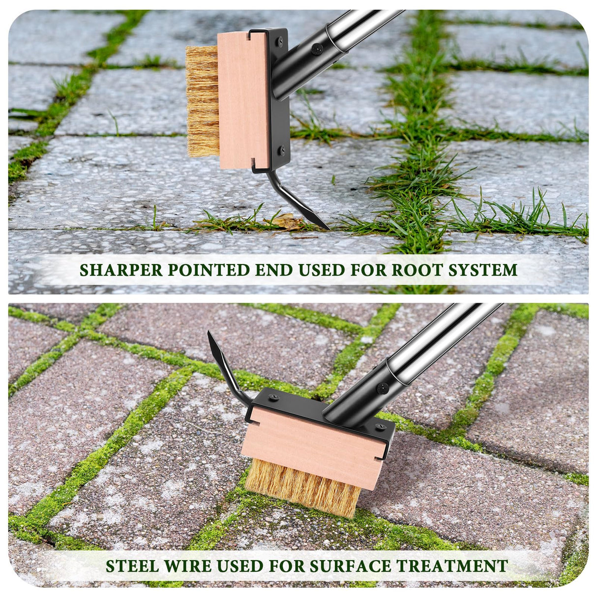 MUDEREK Crack Weeder Tool - Weed Puller Tool with 2 Heads and Scraping Hook, Paver Weeding Moss Remover Brush with Adjustable Steel Handle for Cleaning Paving Joint Sidewalk Patio Stone Driveway Deck