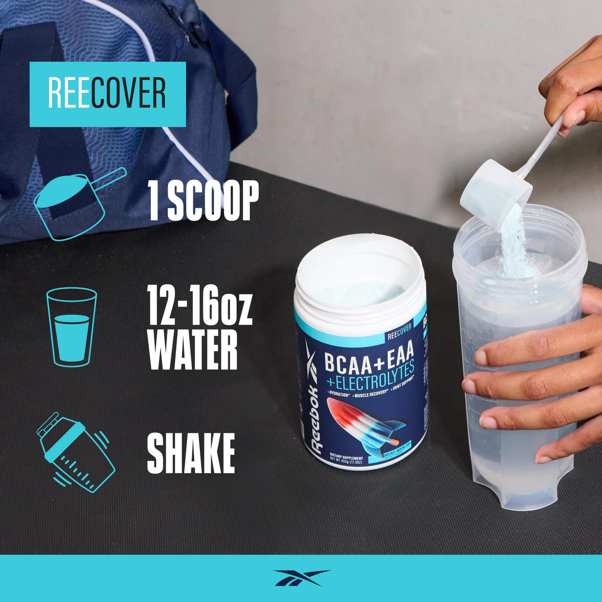 Reebok REEcover Amino Acids + Electrolytes | 8g EAAs, 5g BCAAs, Hydration Matrix | Muscle Recovery, Strength | Post-Workout Support | 30 Servings | Strawberry Lemonade