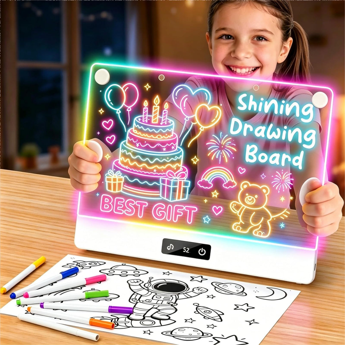LED Drawing Board for Kid - Rechargeable 14" Doodle Glow Neon Art Note Boards, Holiday Birthday Gifts Toy for Kids Girls Boys Teens, Light Up Acrylic Dry Erase Message Note Writing Pad with 7 Markers