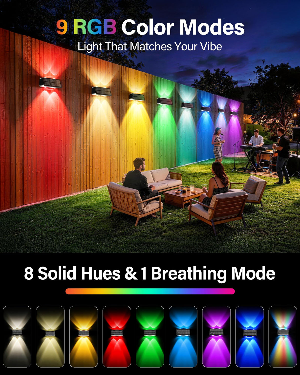 Toeuie Solar Fence Lights Outdoor, 10 Pack 100LM Fence Lights Solar Powered Waterproof, 9 Color Modes, Up & Down LED Focused Beam, 12H Dusk to Dawn Glow for Pool/Patio/Wall/Backyard - Black