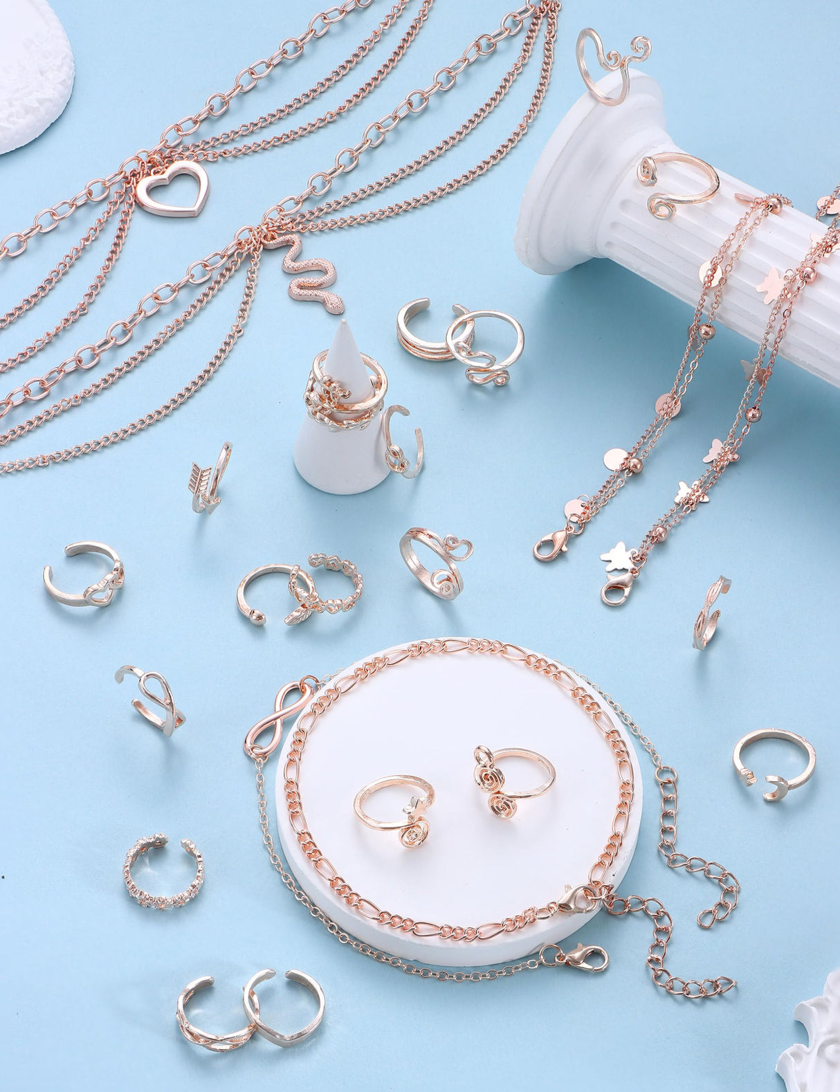 ORAZIO Toe Rings and Ankle Bracelets for Women Rose Gold Plated Anklet Toe Rings Cute Layered Anklets Open Tail Ring Adjustable Beach Foot Jewelry for Summer, Rose Gold