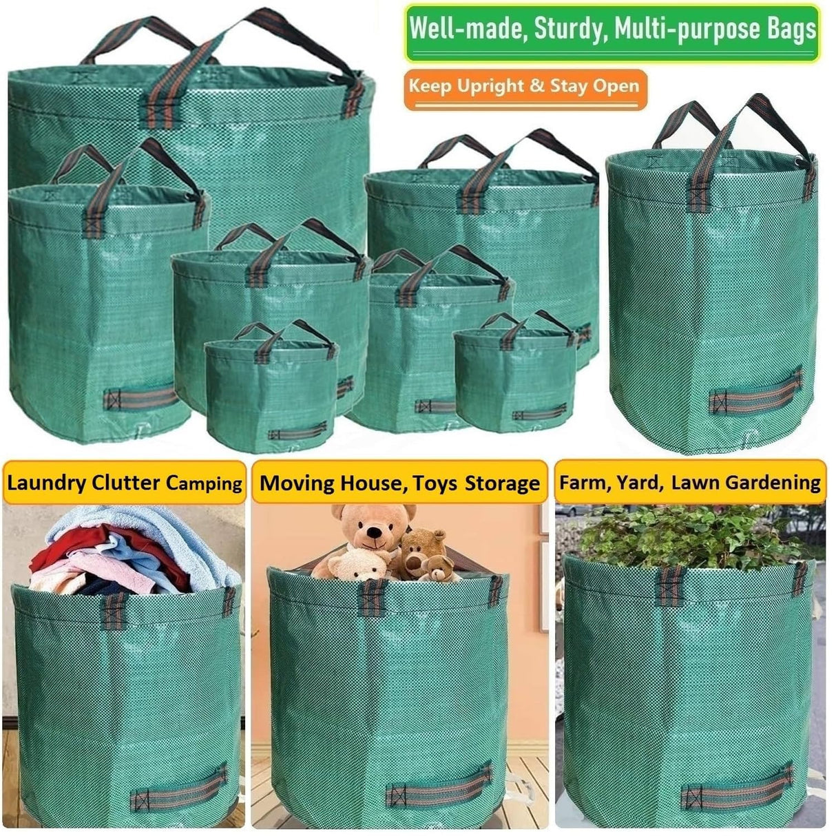 Standard 3-Pack 16 Gallons Yard Garden Bags (D18,H15 inch) W/Gardening Gloves, Reusable Leaf Bags,Grass Clippings,Lawn Debris Bag,Laundry Container,Patio Trash Bin,Yard Waste Bags,Weeds Bag 4 handles