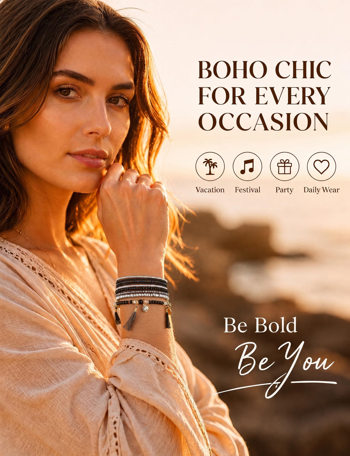 MILACOLATO 6Sets Boho Bead Stackable Bracelets for Women Men Adjustable