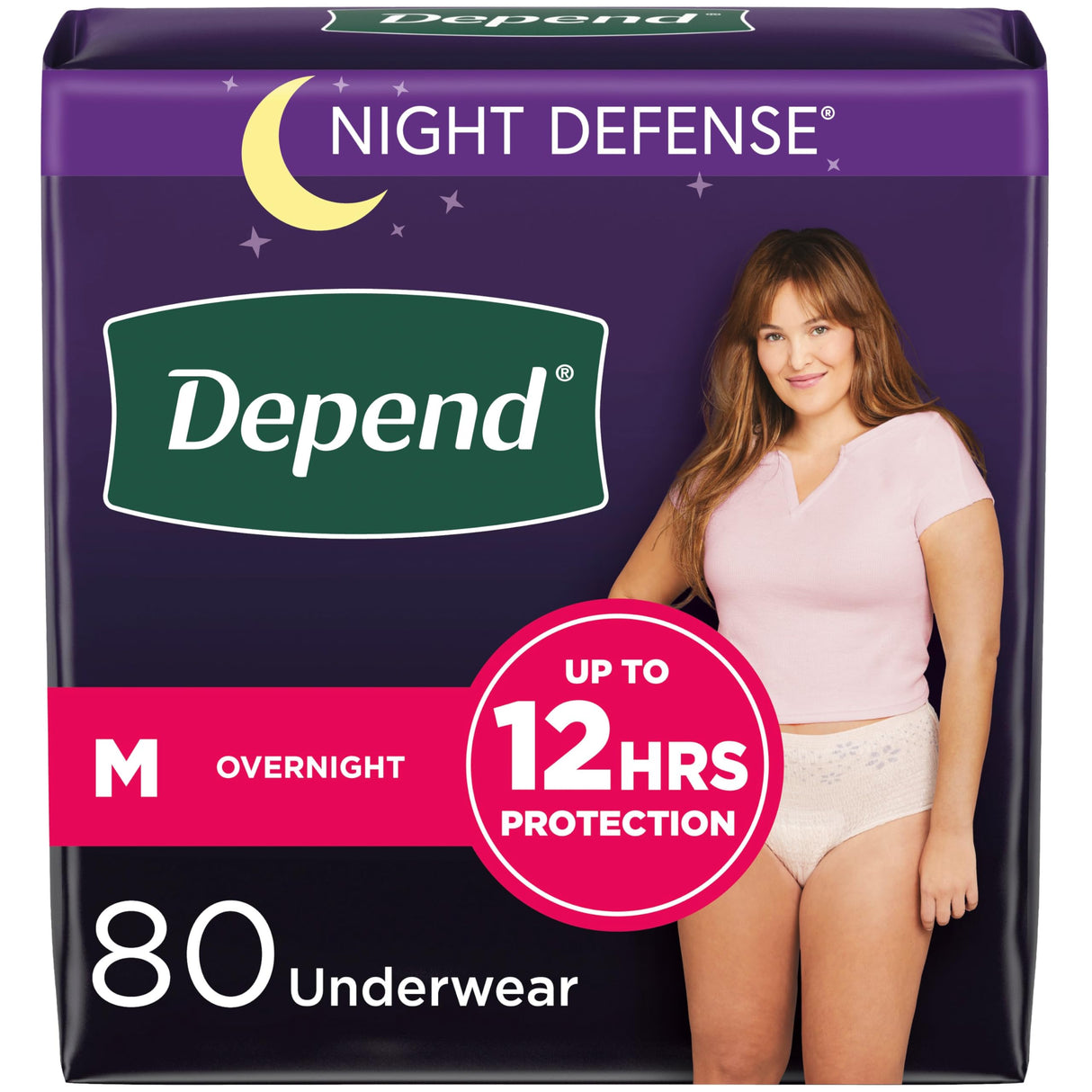 Depend Night Defense Adult Incontinence & Postpartum Bladder Leak Underwear for Women, Disposable, Overnight, Medium, Blush, 80 Count, Packaging May Vary