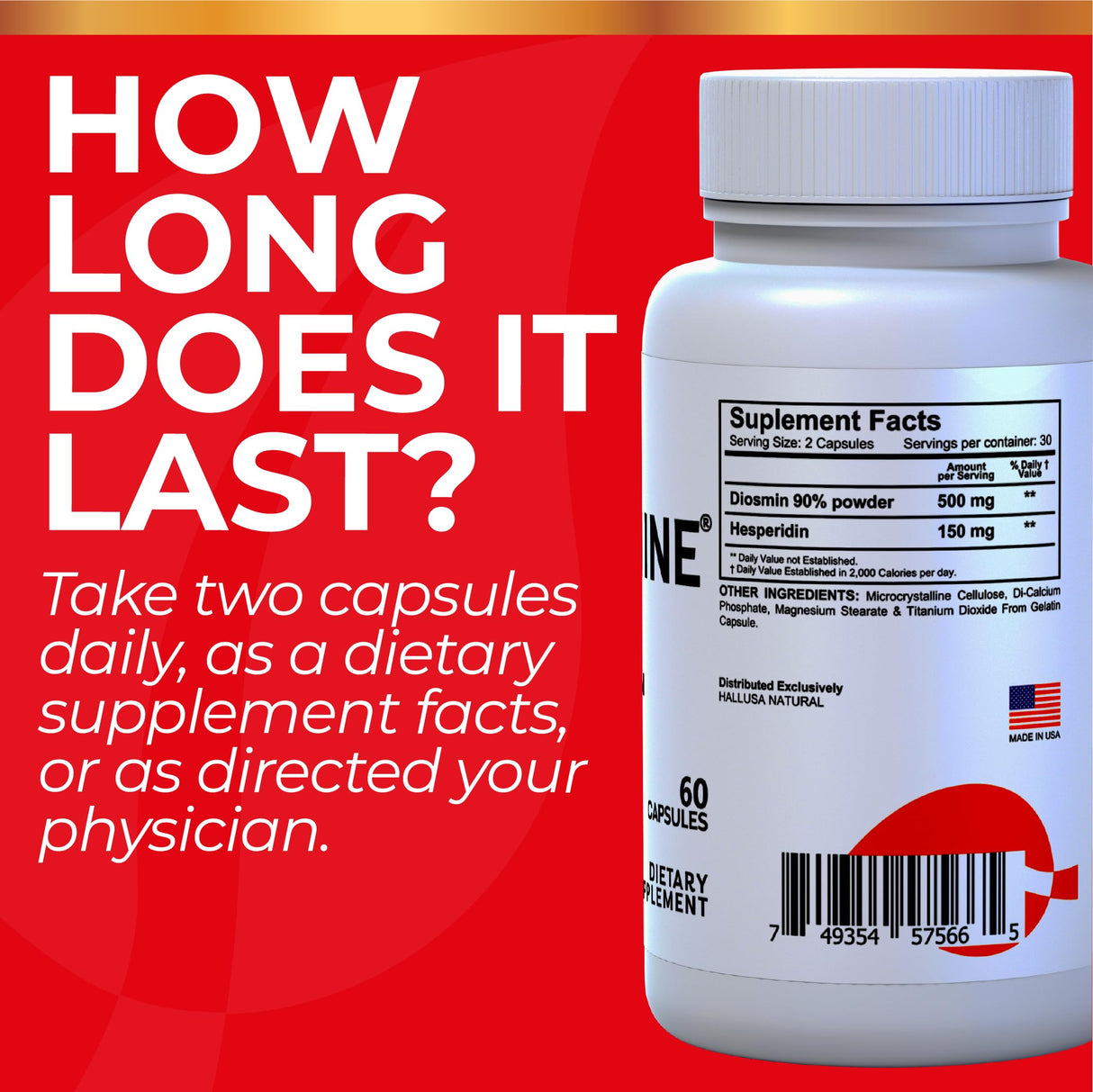 Hallusa Natural Hallosmine Ultra Diosmin 500mg & Hesperidin 150mg – Heavy Legs, Swelling & Vein - Blood Circulation Supplements, 60 Caps