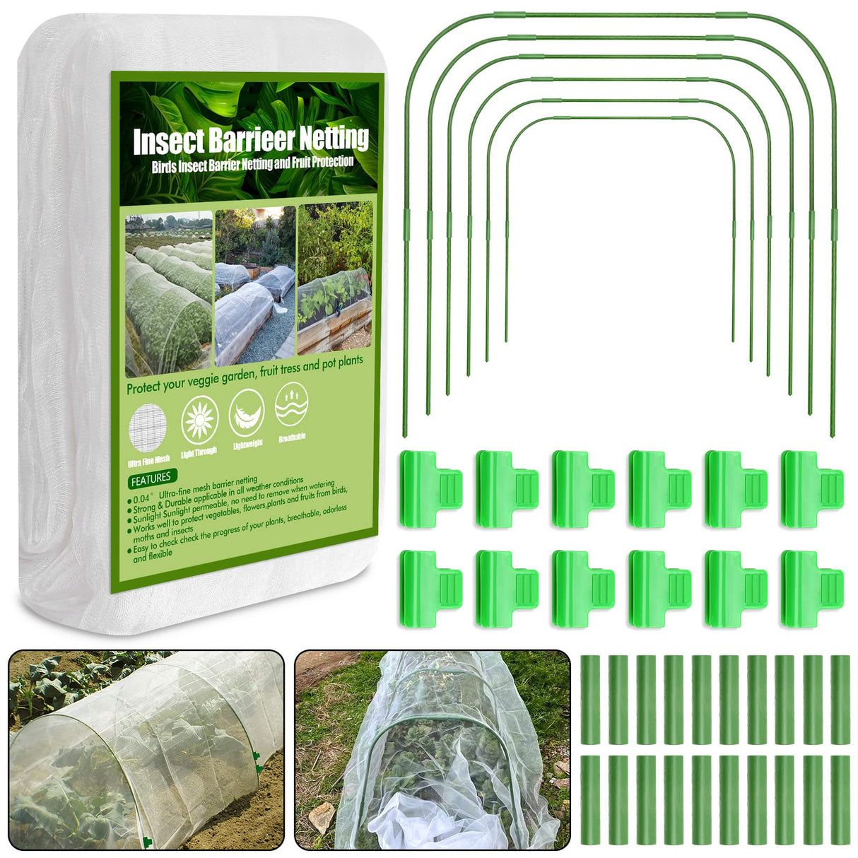 67pcs Garden Mesh Netting Kit, 6 Sets Wide Garden Hoops with Garden Covers