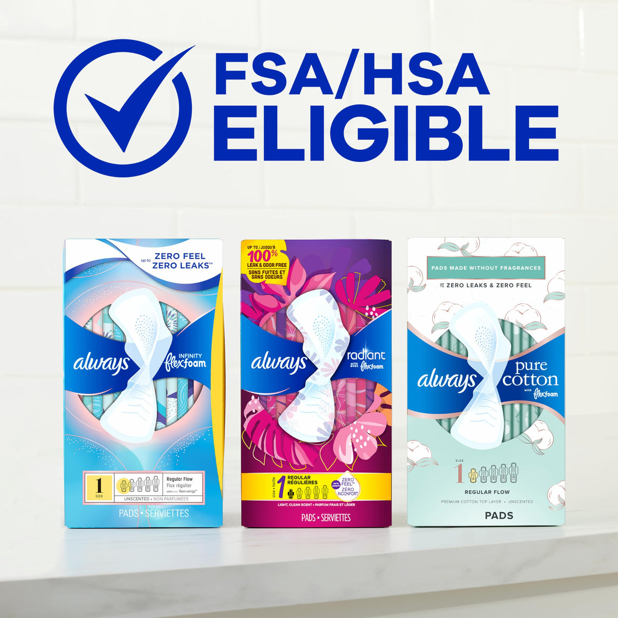 Always Radiant Feminine Pads for Women, Flexfoam Pads with Wings, Size 5, Extra Heavy Overnight Absorbency, Lightly Scented, 54 Count (Packaging May Vary)