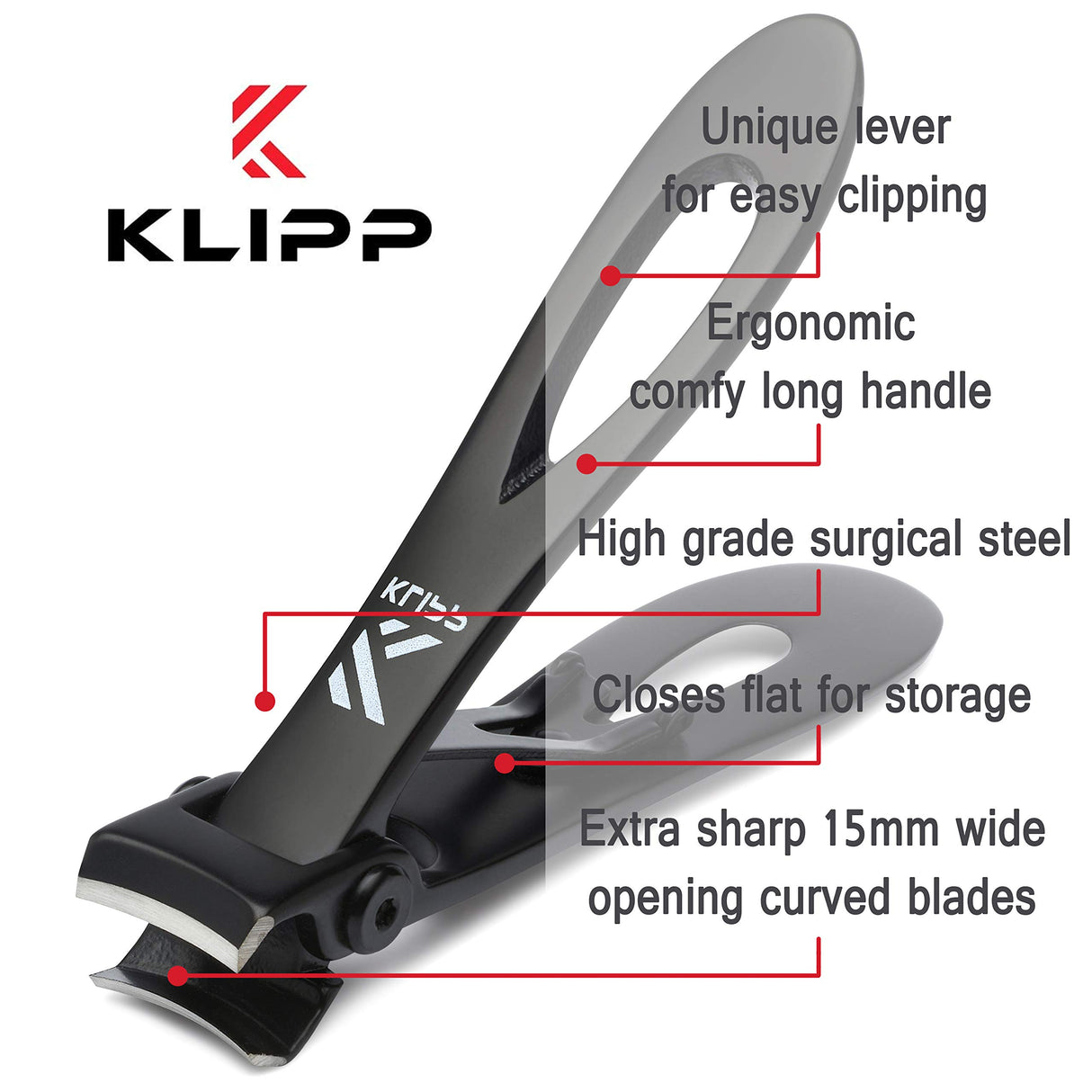 Toenail Clippers for Thick Toenails – KLIPP 15 mm Wide Jaw Thick Fingernail and Toenail Cutter with Curved Stainless-Steel Blades for Seniors – Podiatry Tool for Manicure Pedicure Toe Nail Care