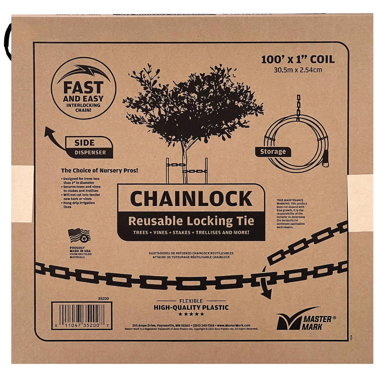 Master Mark ChainLock 1 in. x 100 ft. Plastic Tree Support, Plant and Cable Ties, Interlocking Reusable Tree Straps, Adjustable, Landscape Accessories, Black