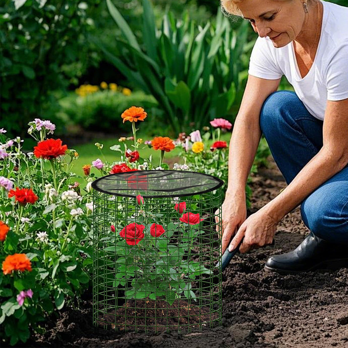 Plant Protector from Animals with Detachable Covers - 4 Pack 16”x 16" Wire Cage Cloches with Ground Stakes and Tools for Protecting Vegetable, Flower, Seedling