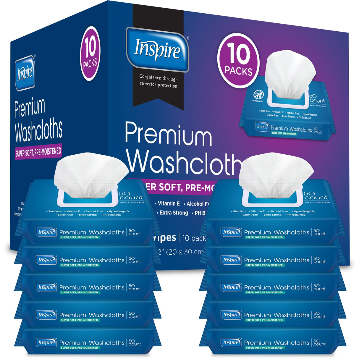 Inspire Adult Wet Wipes, Wash Cloths | Adult Wipes for Incontinence & Cleansing for Elderly, 8"x12" (500CT (10 PACKS OF 50))