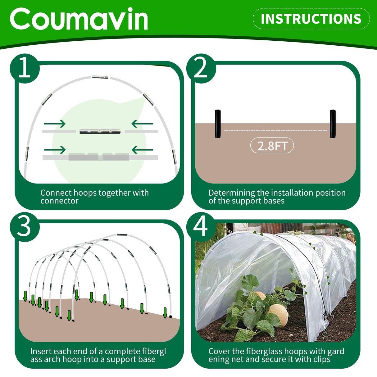 8FT Rust-Free Fiberglass Garden Hoops -72 PCS DIY Grow Tunnel Kit for Raised Beds, Row Cover Support with Connectors/Clips, Sun Shade &Year-Round Plant Protection, White
