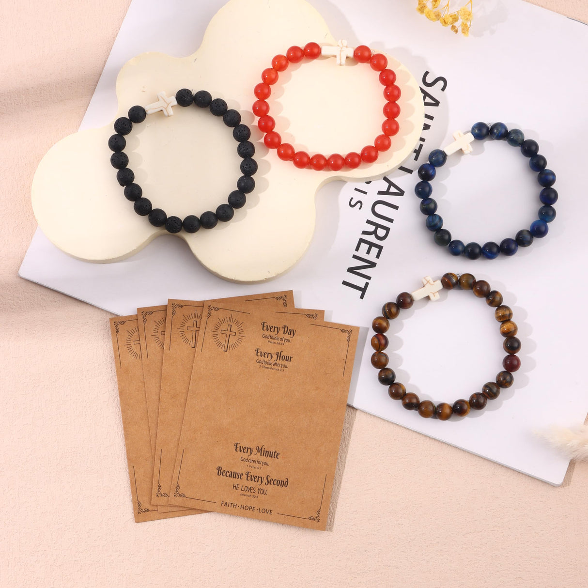 CASDAN 12Pcs 8mm Cross Beaded Bracelets for Women Men