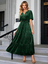 Amegoya Velvet Dress for Women Formal Winter Wedding Guest Dress Short Sleeve V Neck Semi Formal Party Christmas Dresses（Emerald Green L）