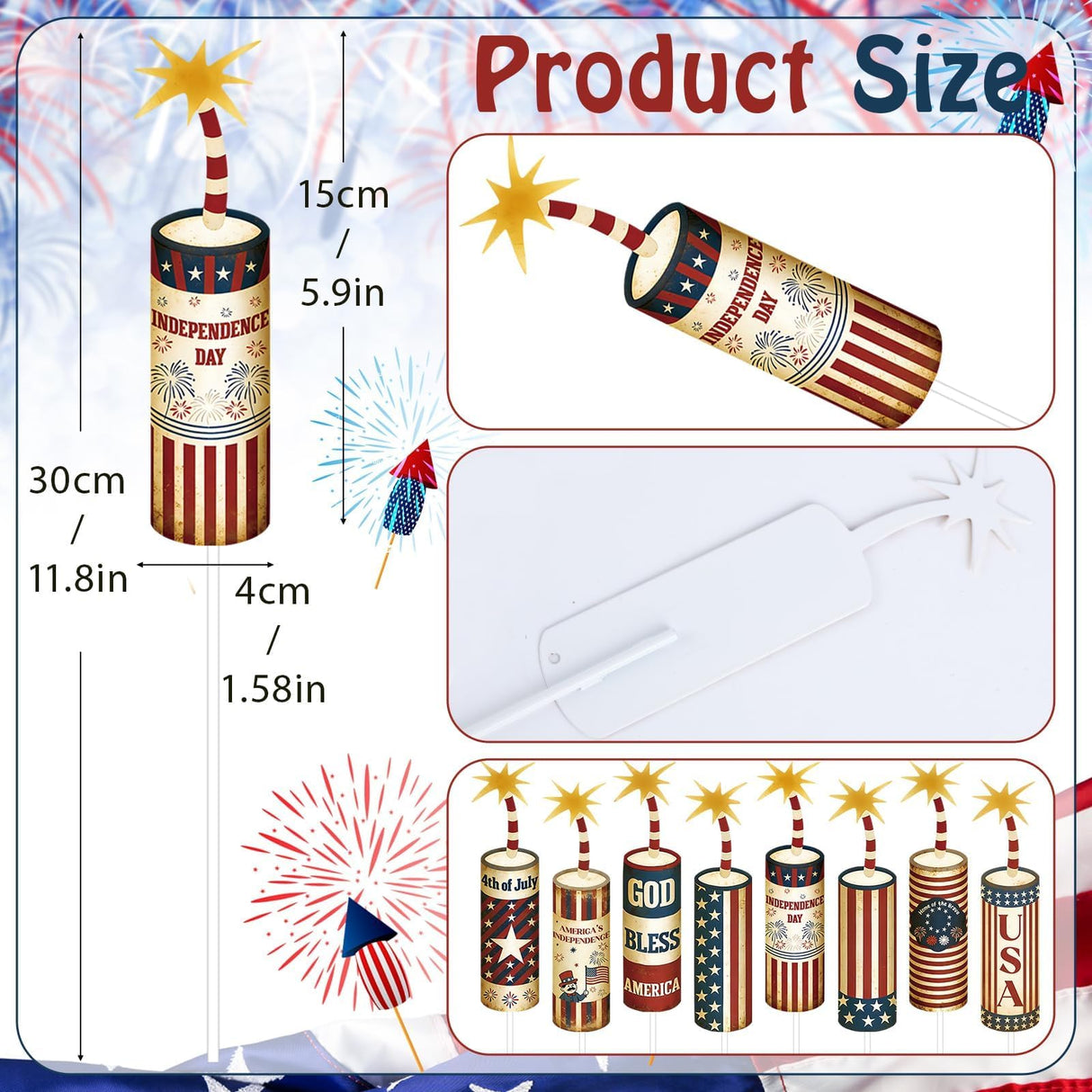 8 Pcs 4th of July Metal Firework Garden Stakes, American Flag Yard Sign, Patriotic Independence Day Memorial Day Decor for Outdoor Lawn, Yard, Garden, Walkway (Fireworks)