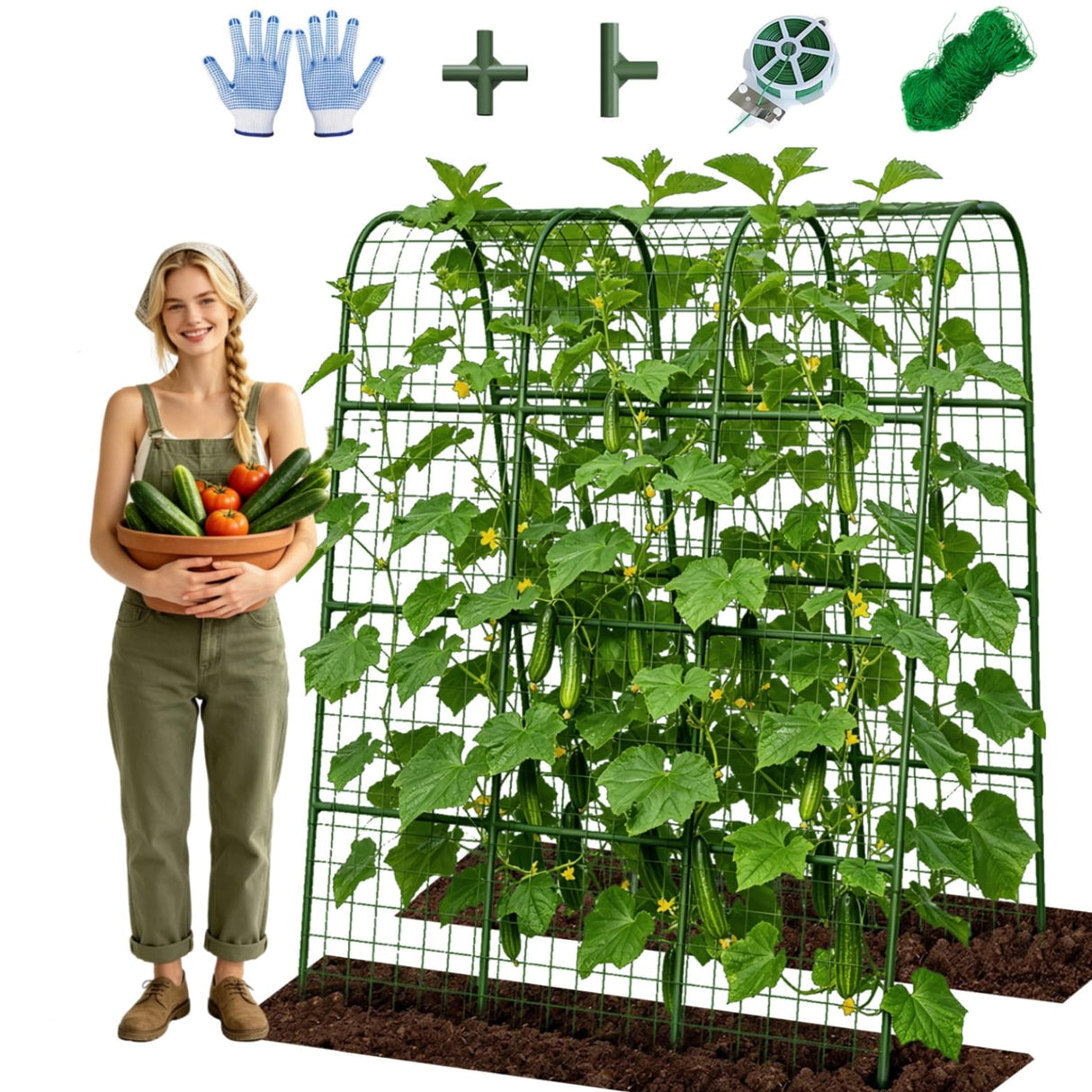 63" H x 47" L x 23" Cucumber Trellis for Raised Beds, Heavy Duty Metal Garden Arch Trellis with Nylon Net & Plant Ties, Vertical Trellis for Climbing Plants, Cucumbers, Tomatoes, Peas & Vines