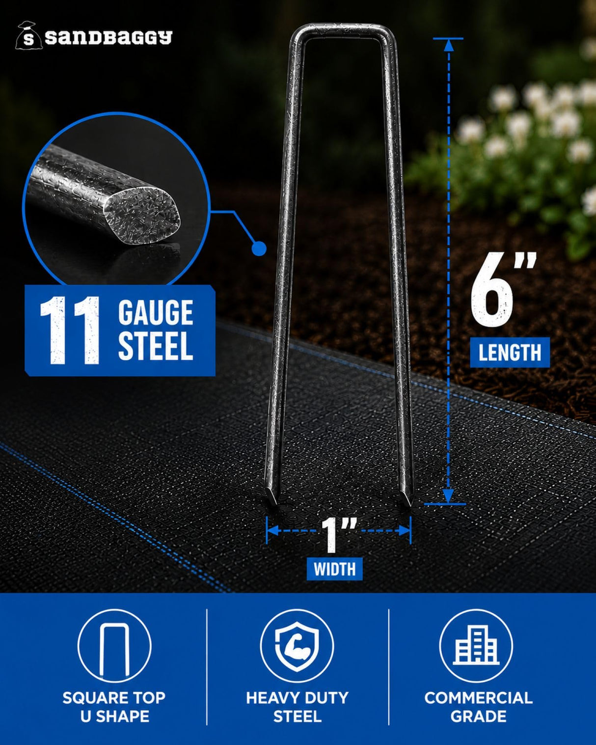 Sandbaggy 6 Inch Landscape Staples, 1,000 Pack 11 Gauge Heavy Duty Steel Garden Staples, Square Top U Pins for Weed Barrier Fabric, Sod, Turf, Netting and Drip Irrigation Tubing