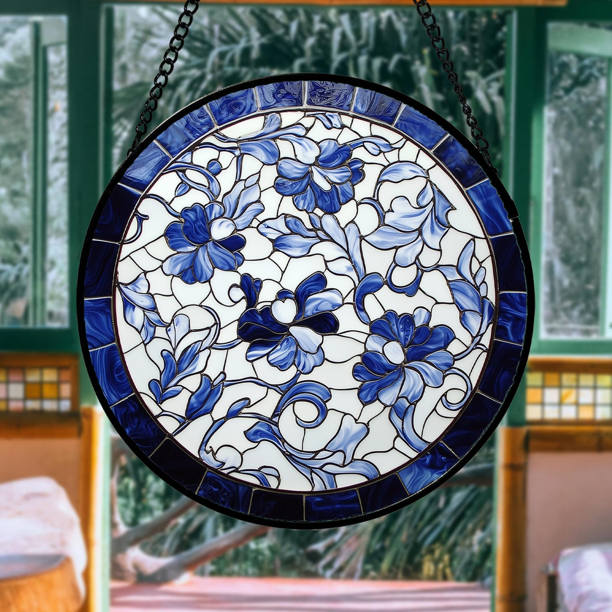 AMDERVEN Stained Glass Window Hanging, Blue and White Abstract Flowers Sun Catcher for Door Home Decor Suncatcher Christmas Mother's Day Birthday Gifts for Women Men Mom and Nana 9.8 in