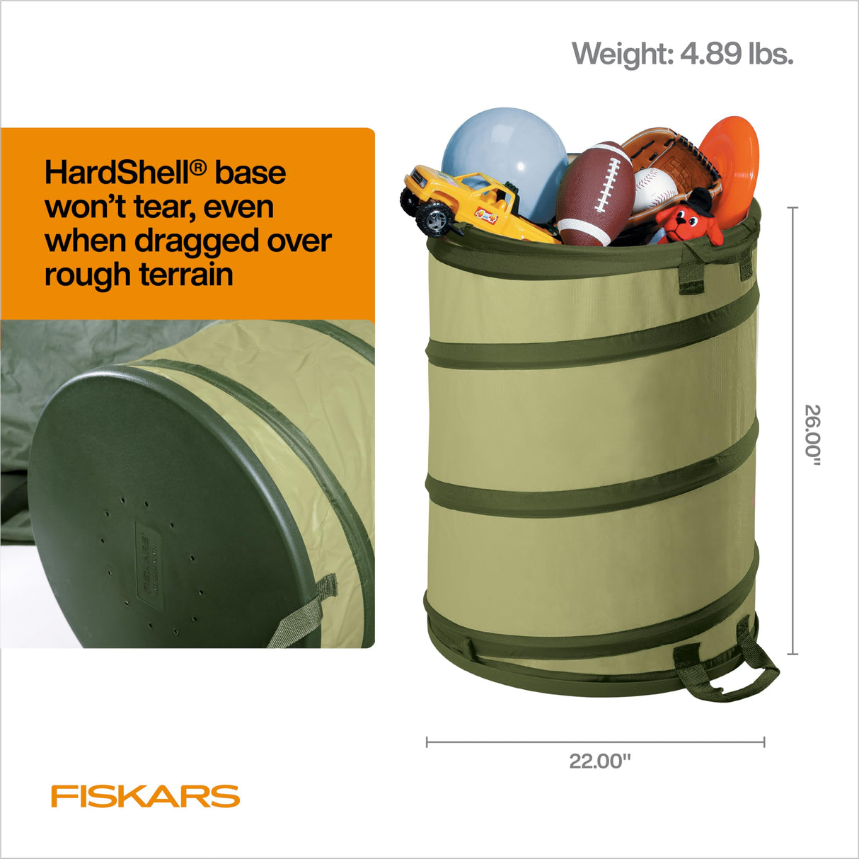 Fiskars Kangaroo Collapsible Garden Bag with Heavy Duty Hardshell Bottom for Yard Waste, 30 Gallon Reusable Container for Lawn Care and Gardening