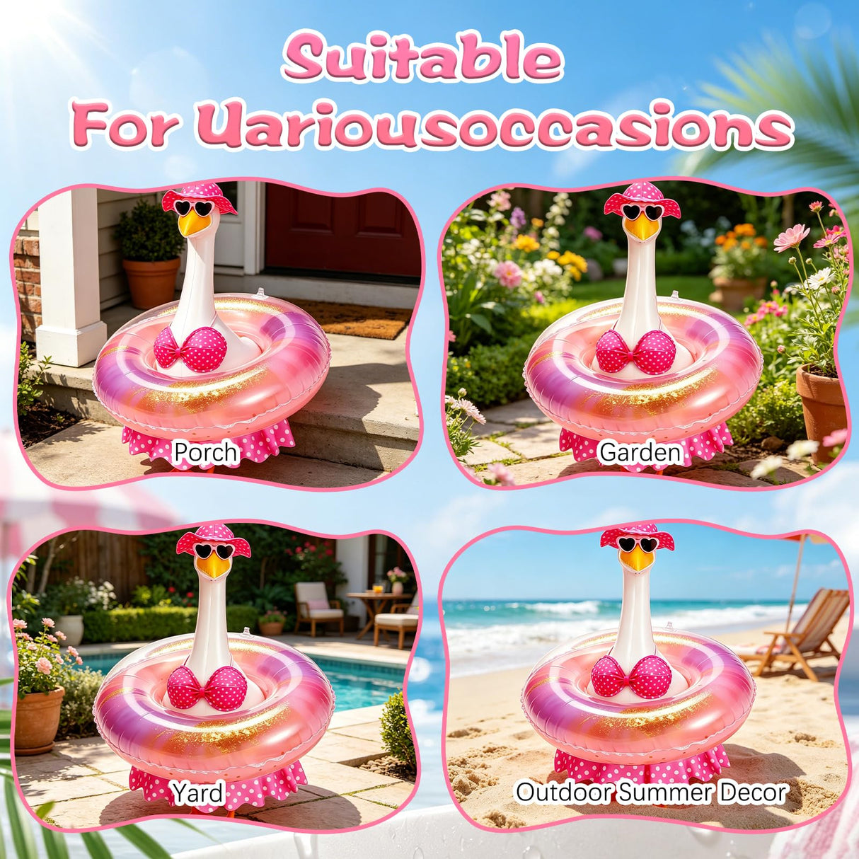 MeiAid Hawaiian Porch Goose Outfit, Summer Bikini Costume with Sunglasses & Wreath, Fits 23" Goose Statue, Garden Lawn Patio Yard Outdoor Decoration (Pink)