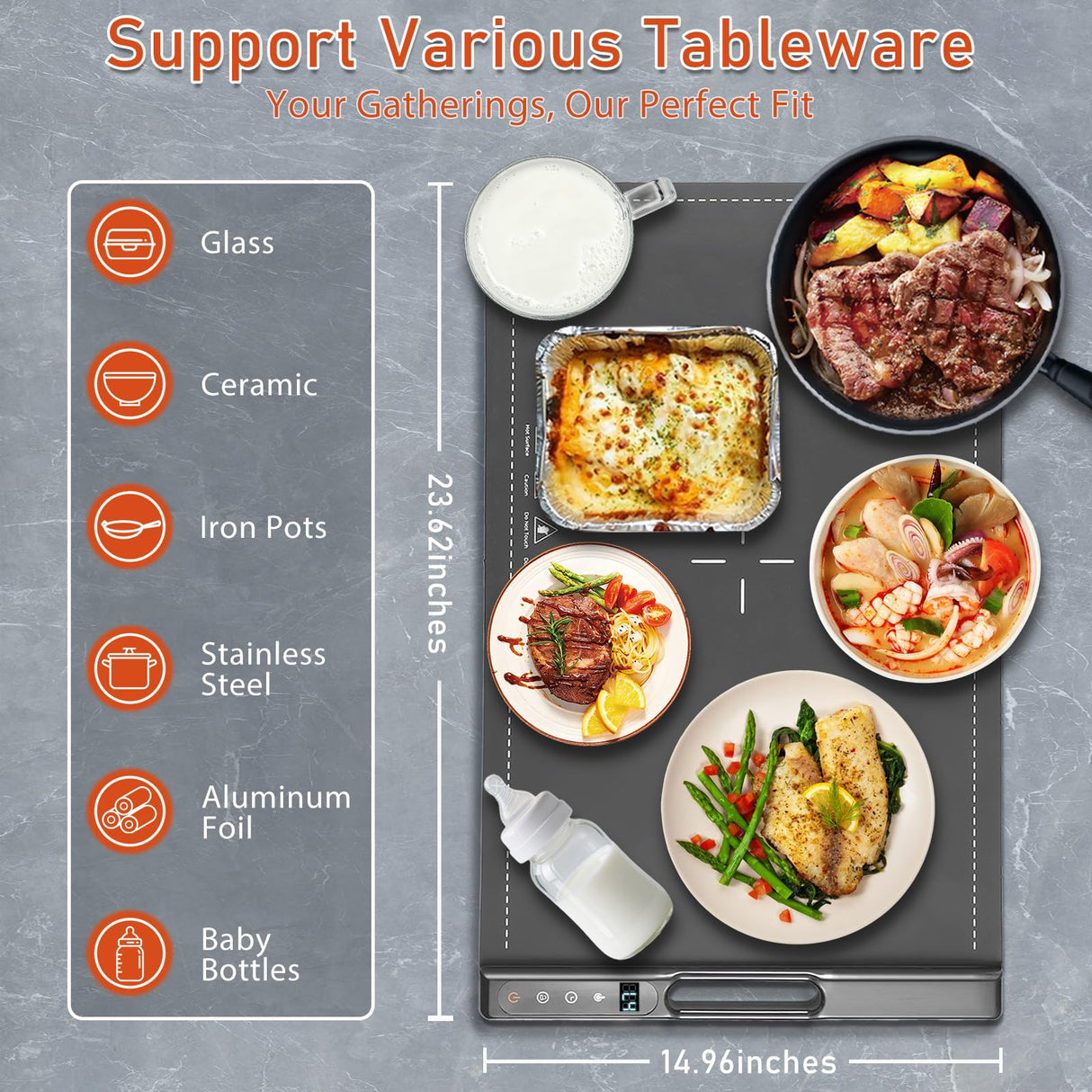 Warming Mat for Food, Electric Warming Tray, Silicone Food Warming Mat with 7 Temperature Levels & 1-4H Timer, Auto Shut-Off, Rollable & Portable, 23.62"*14.96" Food Warmers for Parties, Buffet, Gray