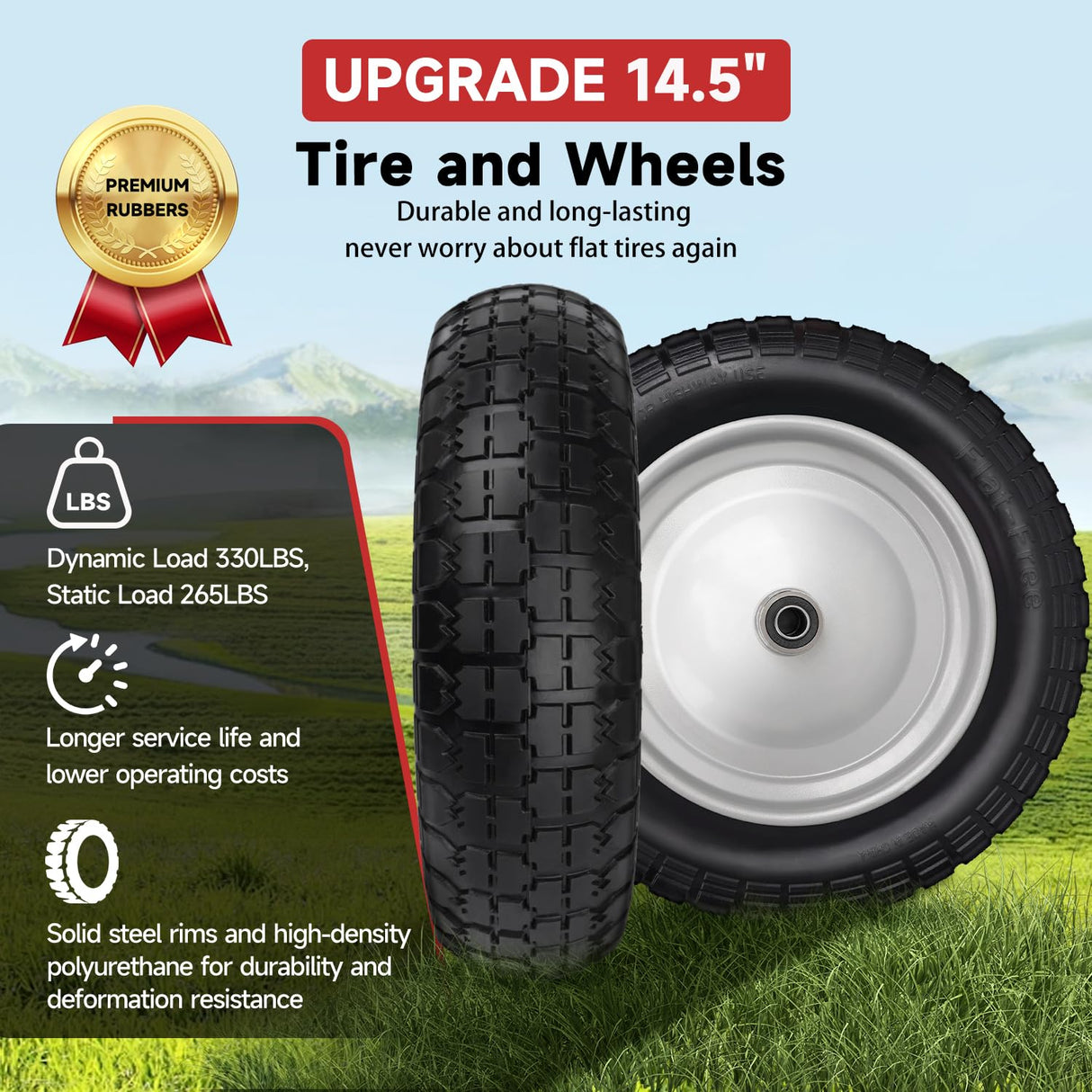 FEILOONG 4.80/4.00-8 Tire and Wheel, 14.5" Flat Free Wheelbarrow Tires