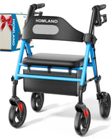 HOMLAND Foldable Rollator Walkers with Seat for Seniors, 8'' Big Wheels, 350 lb. Weight Capacity, Adjustable Handles and Seat Height, Lightweight Rolling Walker, Light Blue